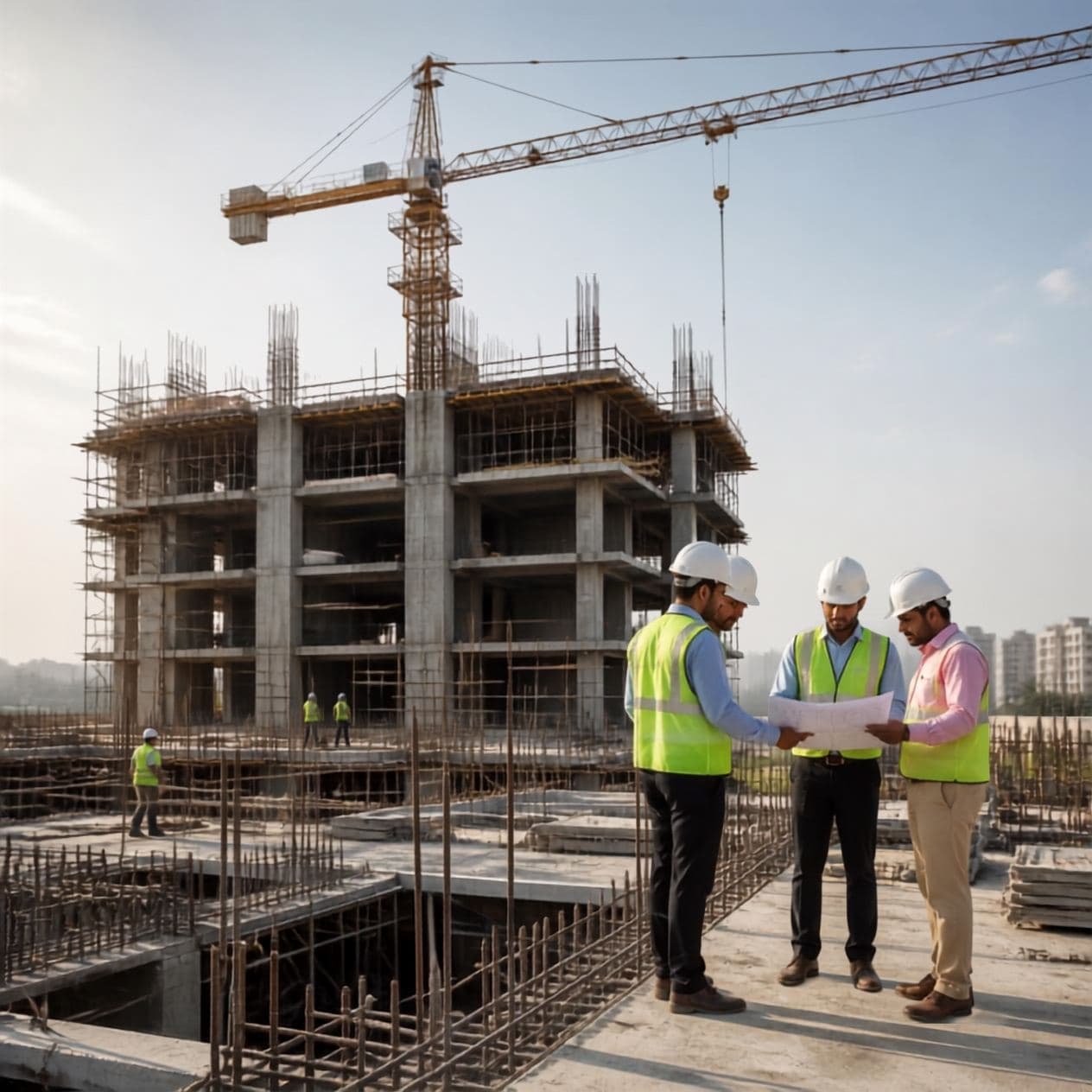 Multi-storey building under construction with a tower crane