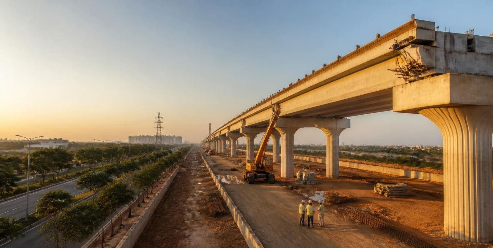 Flyover under construction beside a new road