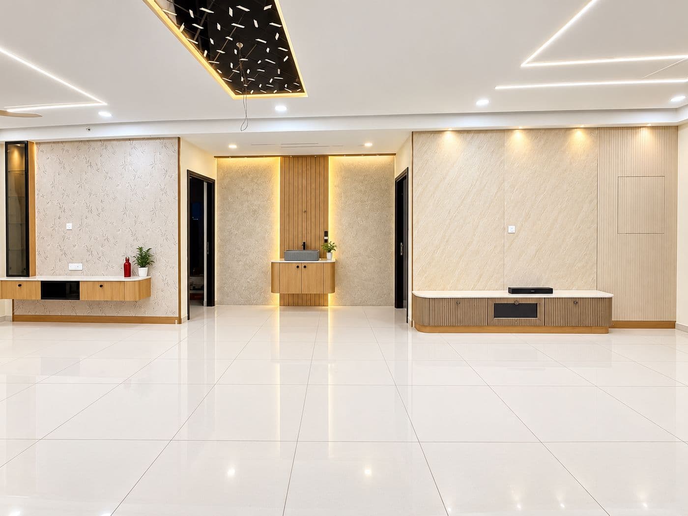 Living room with a false ceiling, cove lighting and a built-in TV unit
