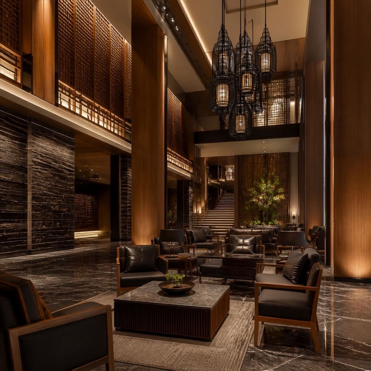 Double-height lounge lobby with timber finishes and pendant lights