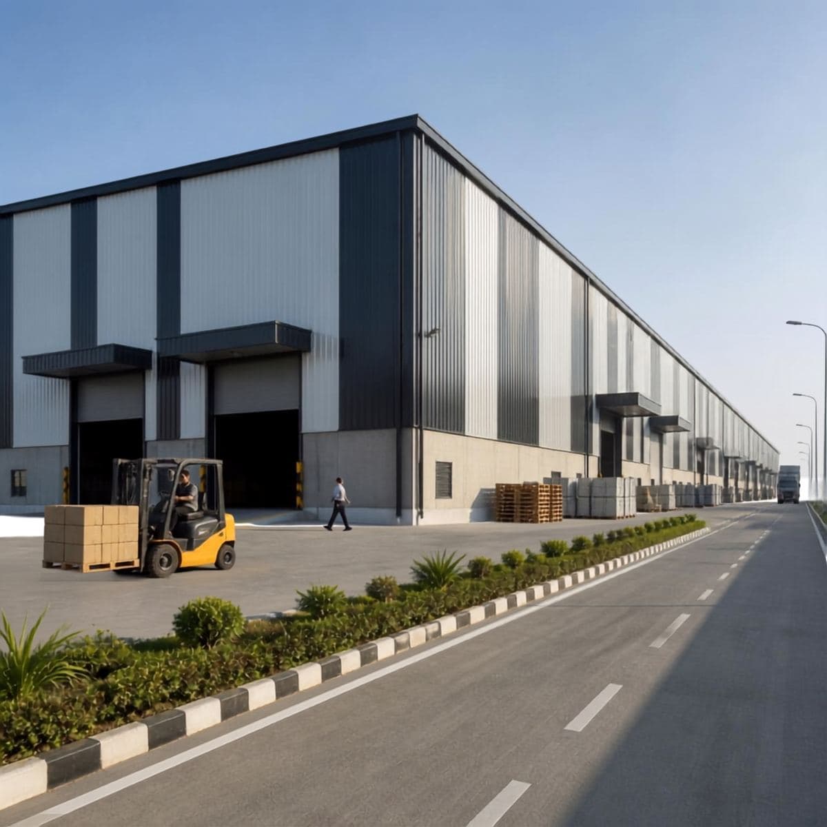 Large steel-clad warehouse with a forklift at the loading bay