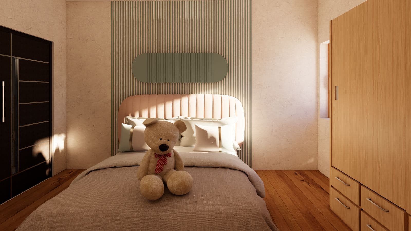 3D visualisation of a kids bedroom with a fluted panel wall and wardrobe