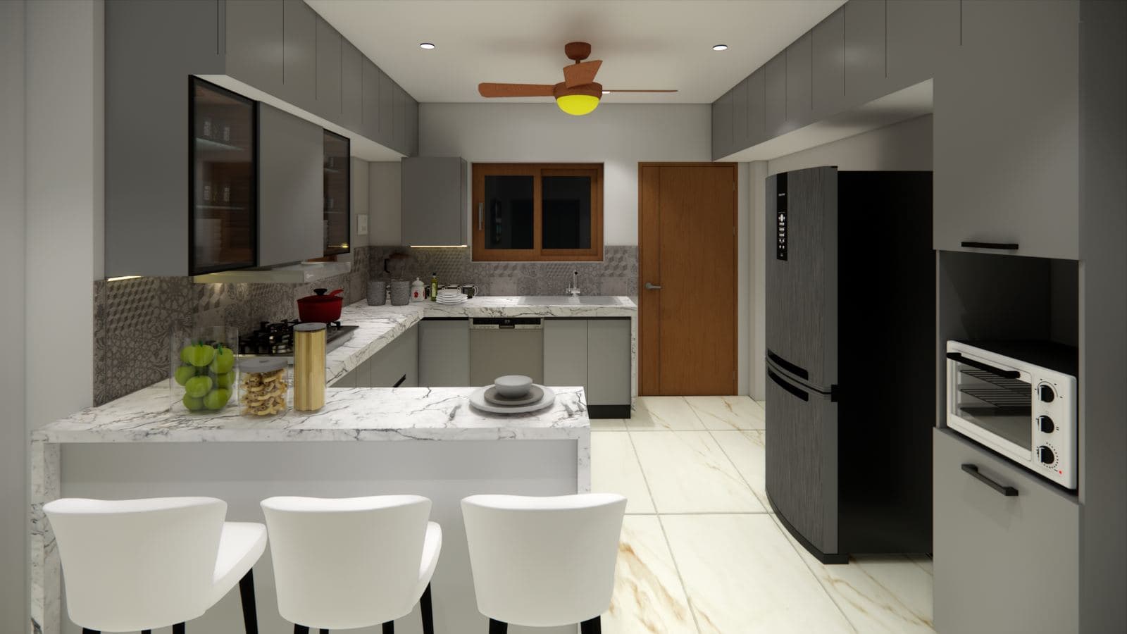 3D visualisation of a modular kitchen with grey cabinets and a marble countertop