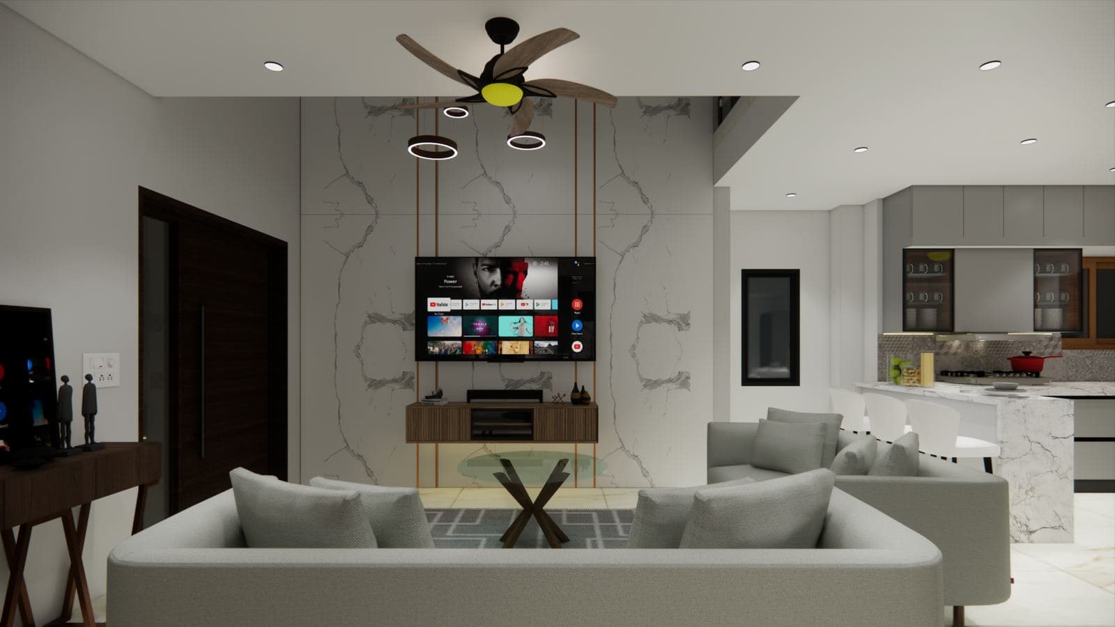 3D visualisation of a living room with a false ceiling, TV wall and sofa