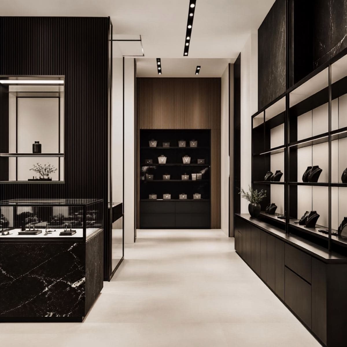 Retail showroom with display shelving and a stone counter