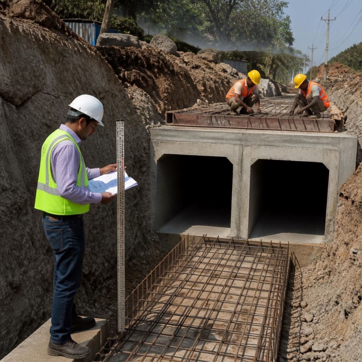 Engineer checking a box culvert drain with reinforcement in place