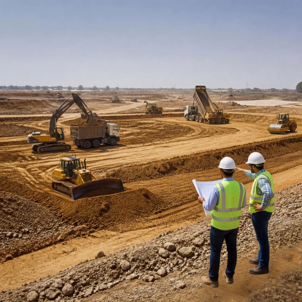 Excavators levelling a development site while engineers review drawings