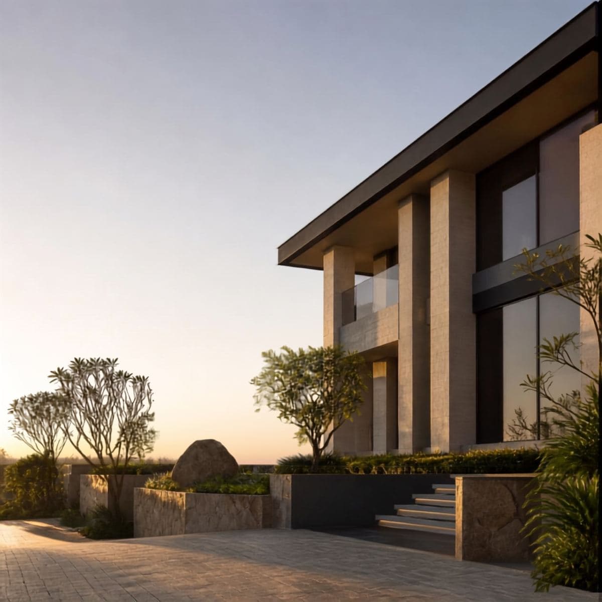 Modern two-storey house exterior at sunset