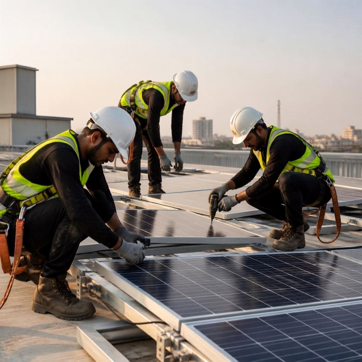 Installers fixing solar panels to a rooftop mounting structure