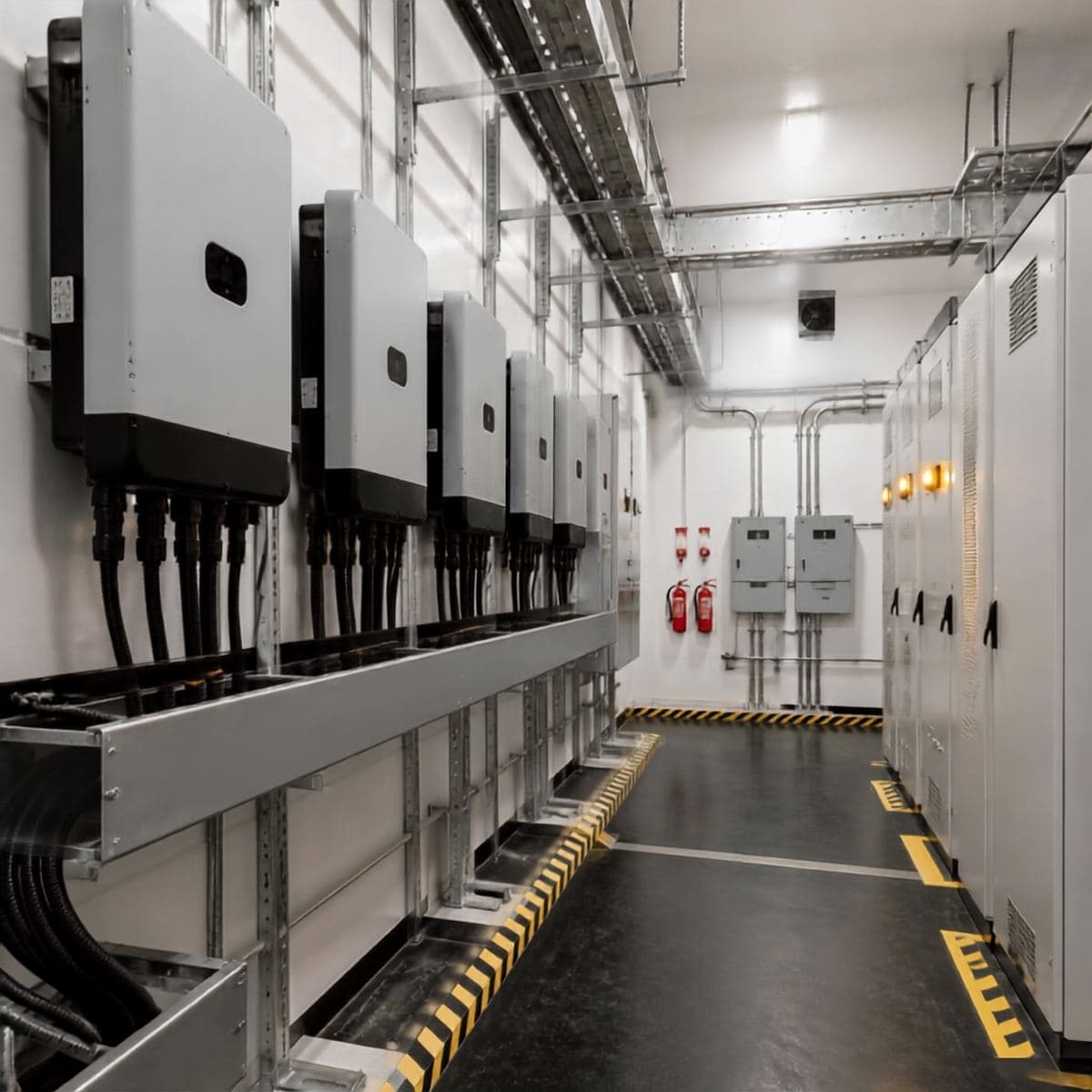 Row of solar inverters on a wall in an electrical room
