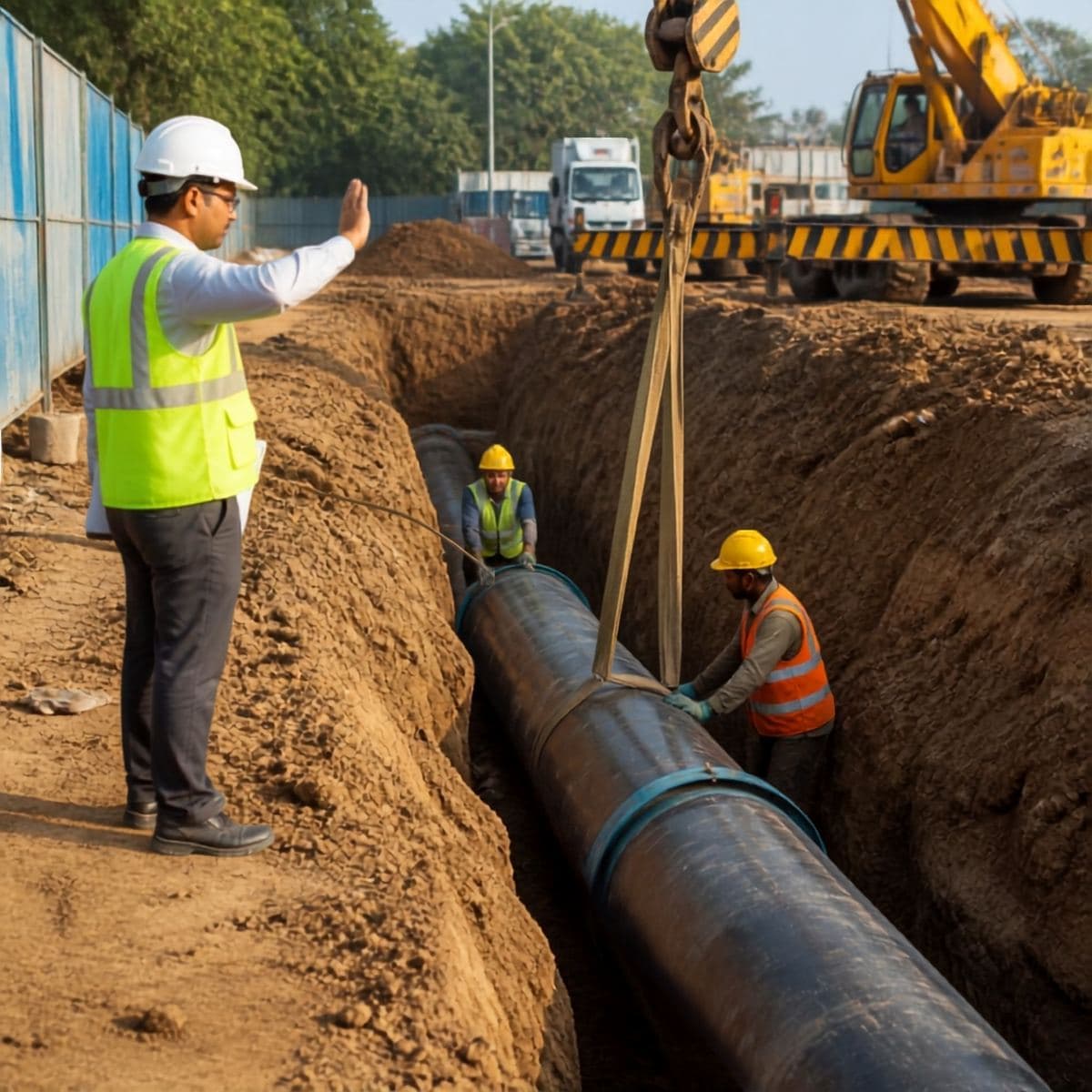 Crane lowering a large pipe into a trench