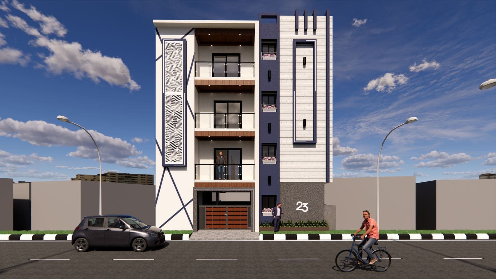 3D visualisation of a four-storey residential building elevation in daylight