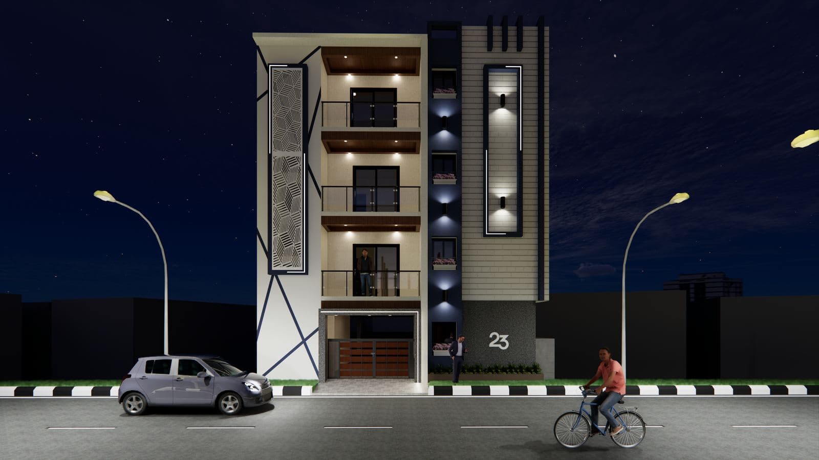 3D visualisation of a four-storey residential building elevation at night with lighting