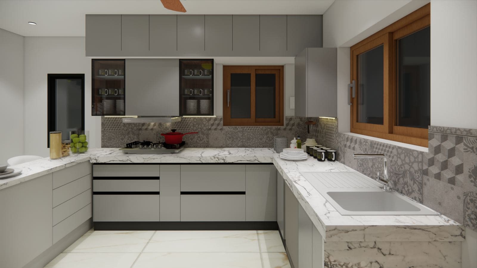 3D visualisation of a living area beside a staircase with a dining table