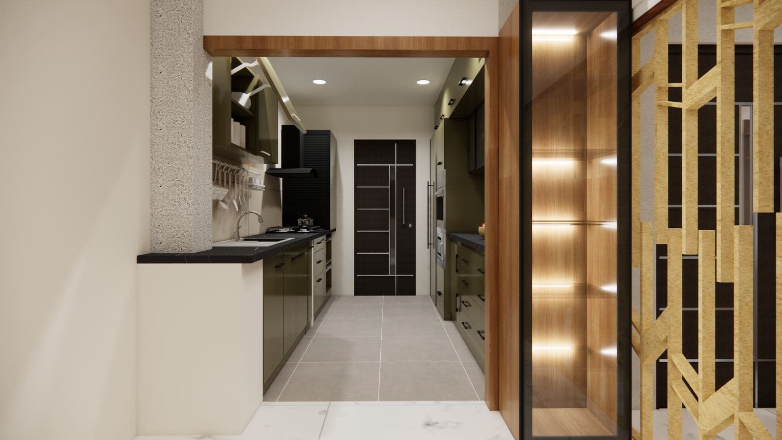3D visualisation of a passage with a wooden lit partition and kitchen beyond