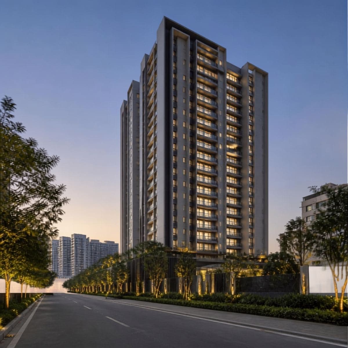 High-rise residential tower with a landscaped frontage