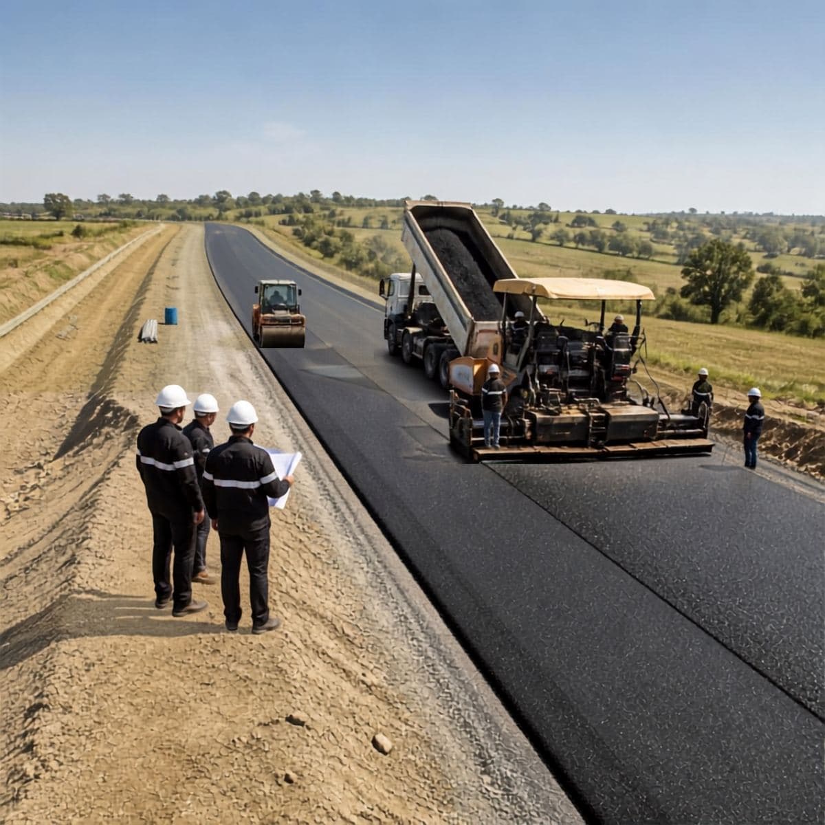 Asphalt paver laying a new road while engineers inspect