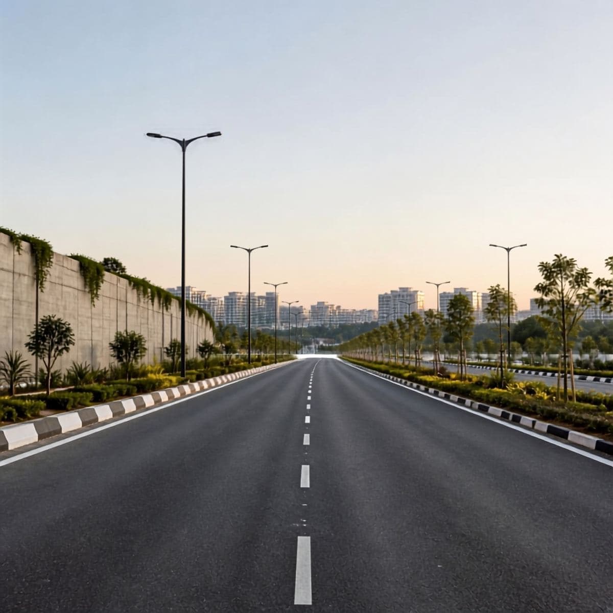 New road with street lights and a landscaped median