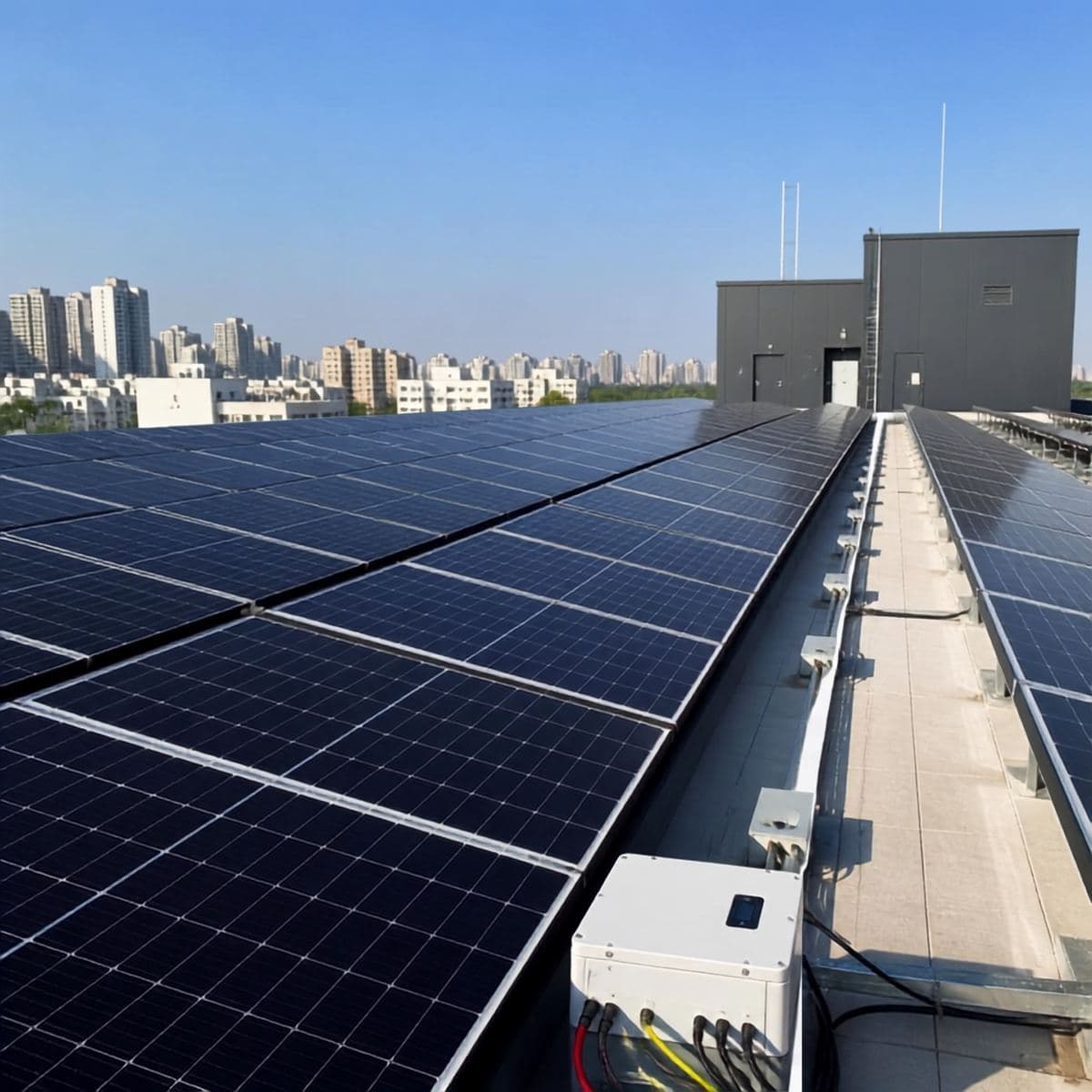 Rooftop solar panels in a row with a city skyline behind