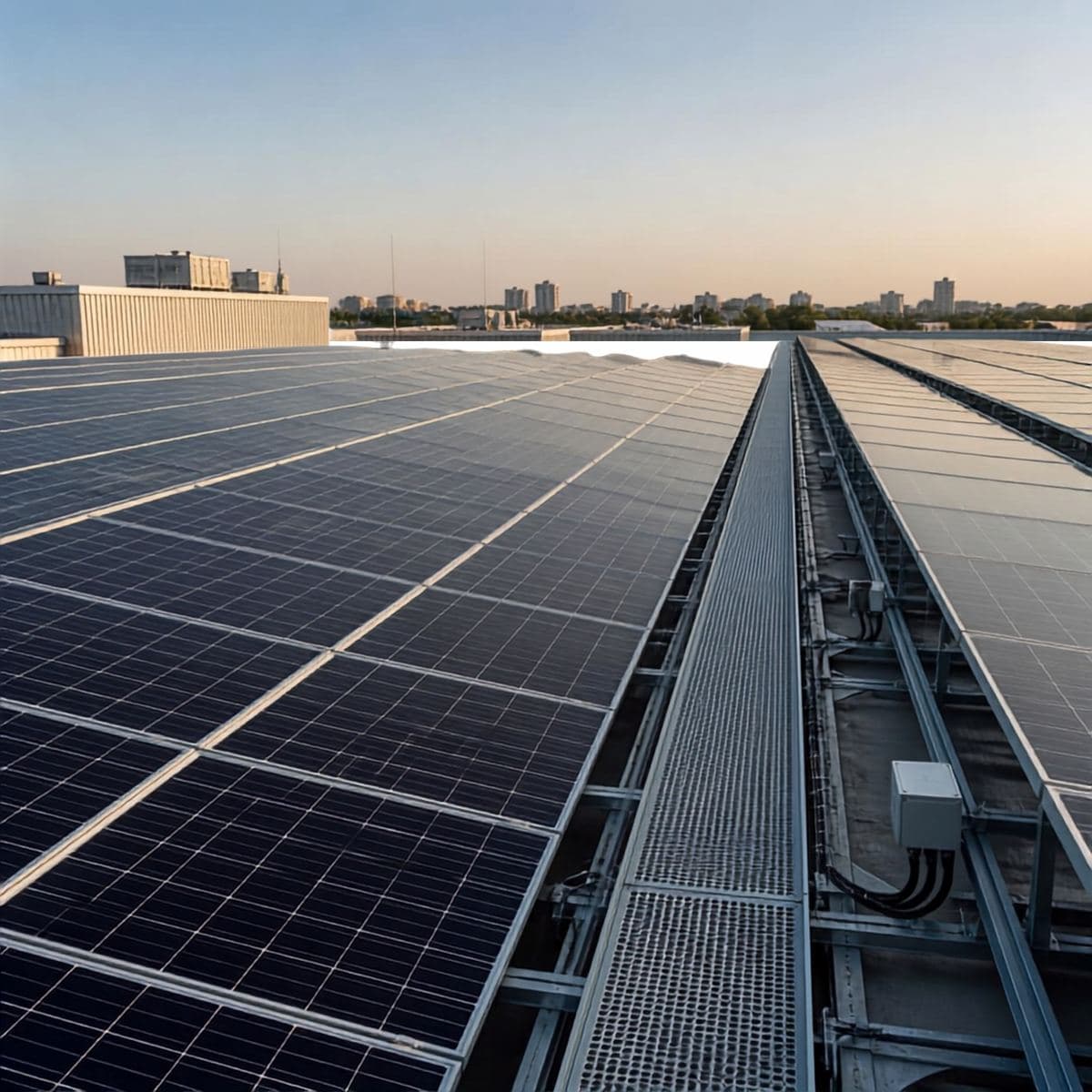 Rooftop solar array with a maintenance walkway