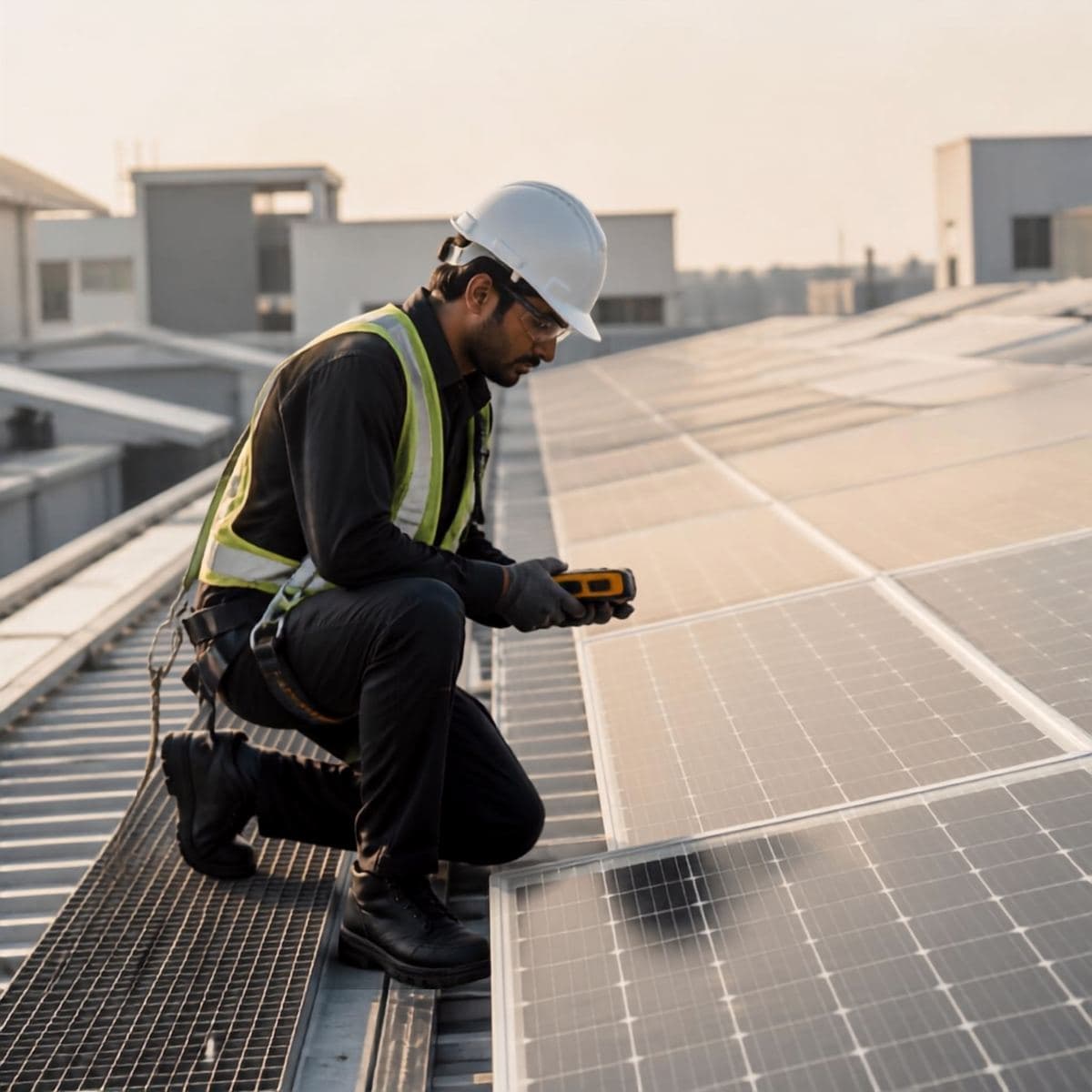 Technician inspecting rooftop solar panels