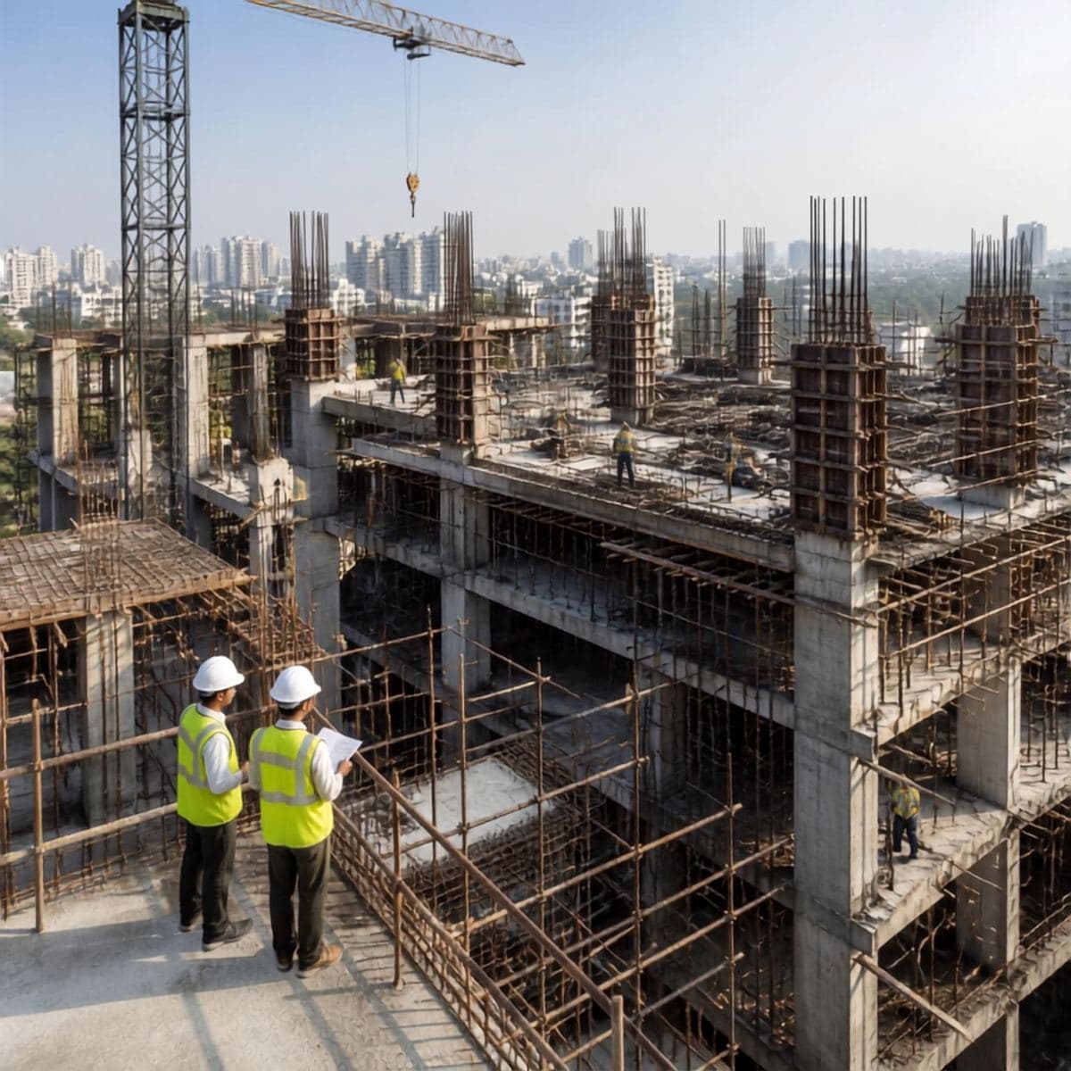 Engineers reviewing drawings on a concrete building under construction