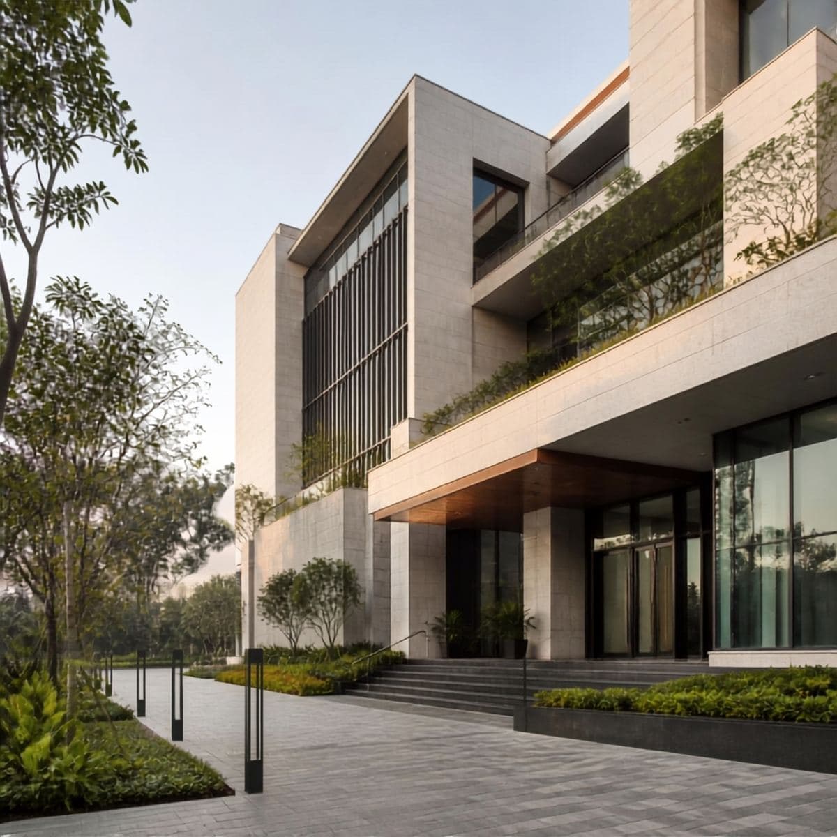 Contemporary building with a landscaped garden and paved walkway